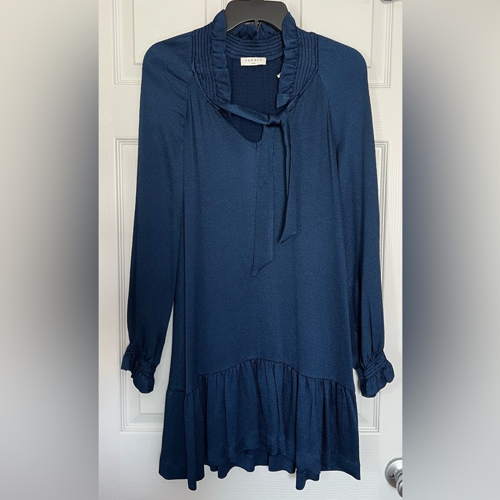 Sandro Paris Navy Marine Blue Satin Long Sleeve Dress Ruffle Tie Neck EU 34/ S